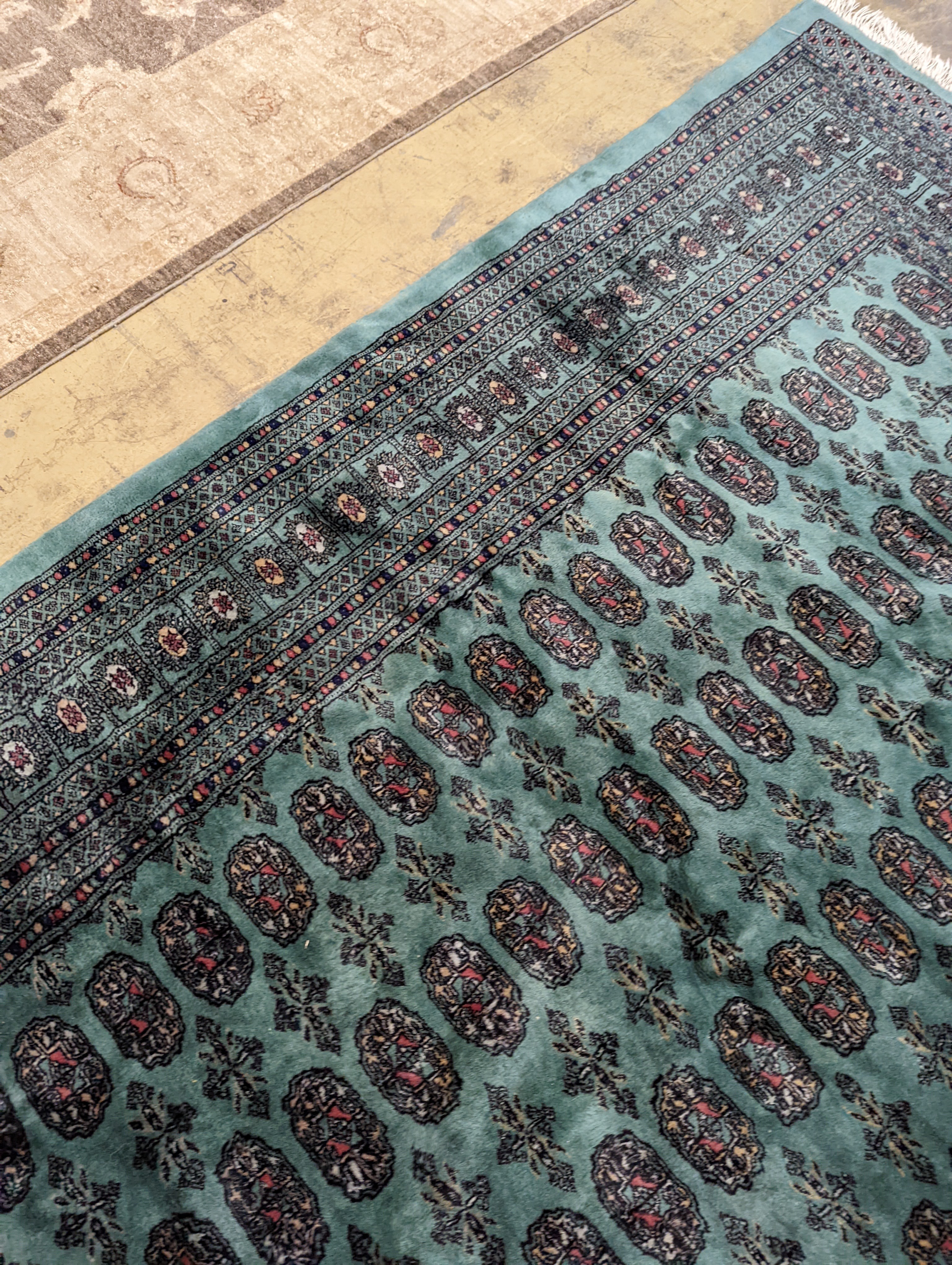 A Bokhara green ground carpet, 282 x 184cm